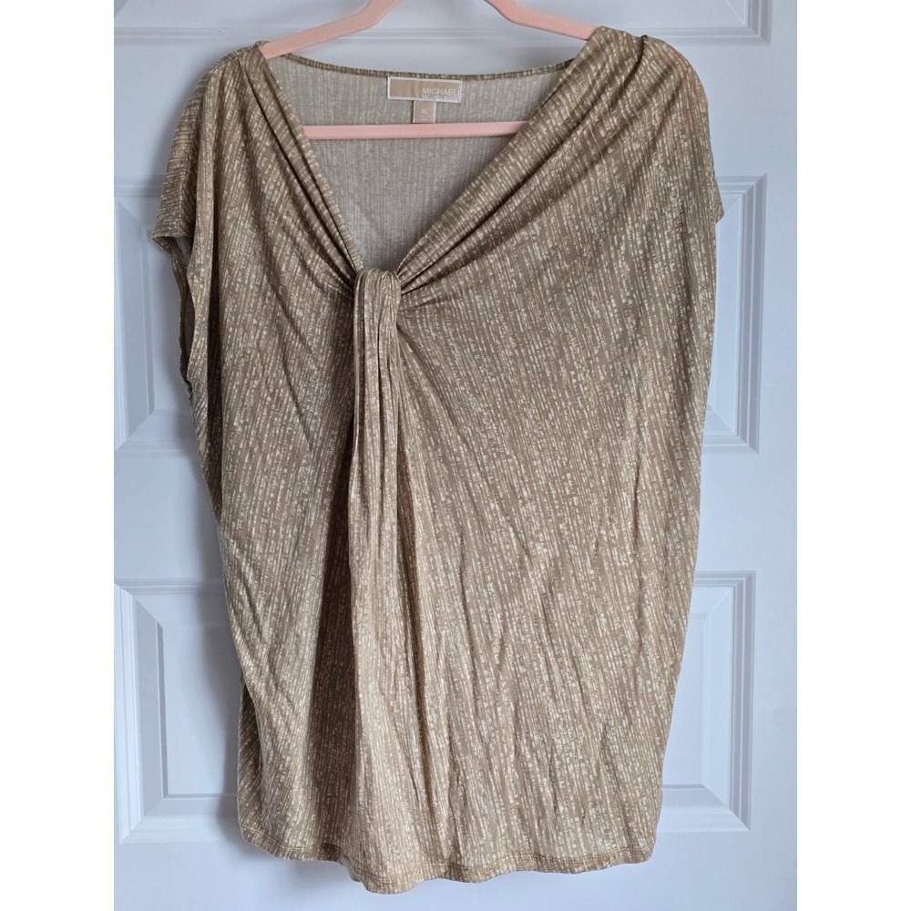 Michael Michael Kors XL Tan White Abstract Knot Front Draped V-Neck Blouse Top